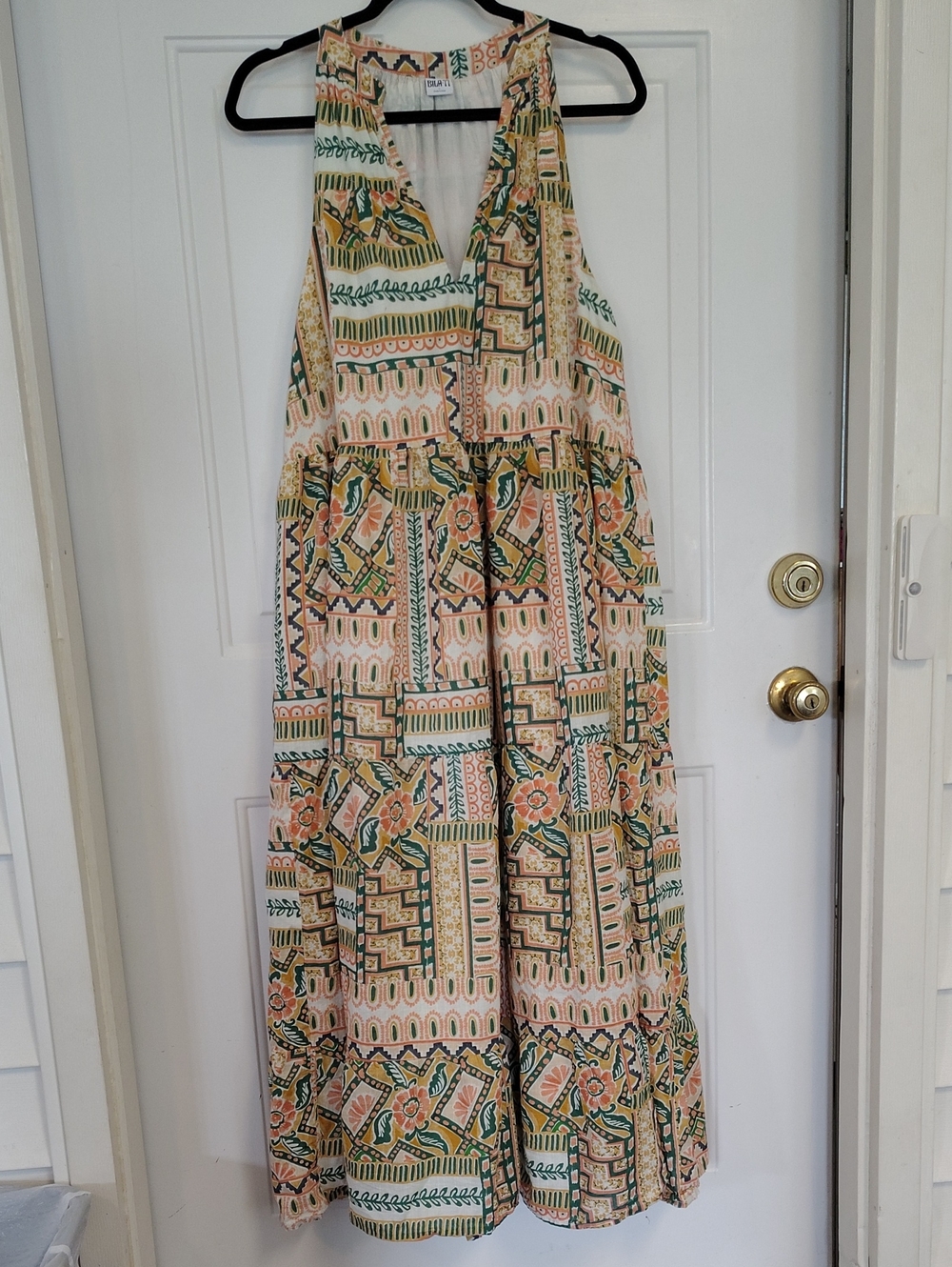 Bila-77 Printed Cotton Dress Lined in Green, Peach & Yellow Size Large